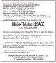 Faire part de décès de Marie-Therese LESAGE-DIEUSAERT Faire part de décès de Marie-Therese LESAGE-DIEUSAERT